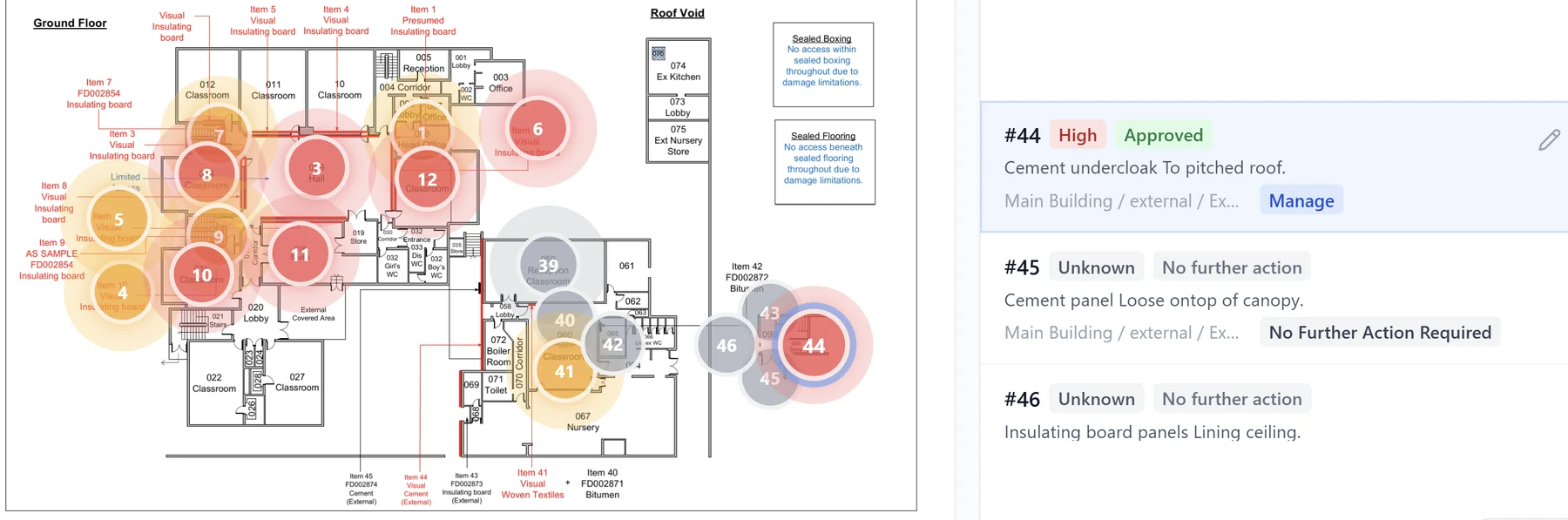 EduComply asbestos floor plan view showing numbered ACM markers coloured by risk on a school ground floor plan, with a list of ACMs alongside