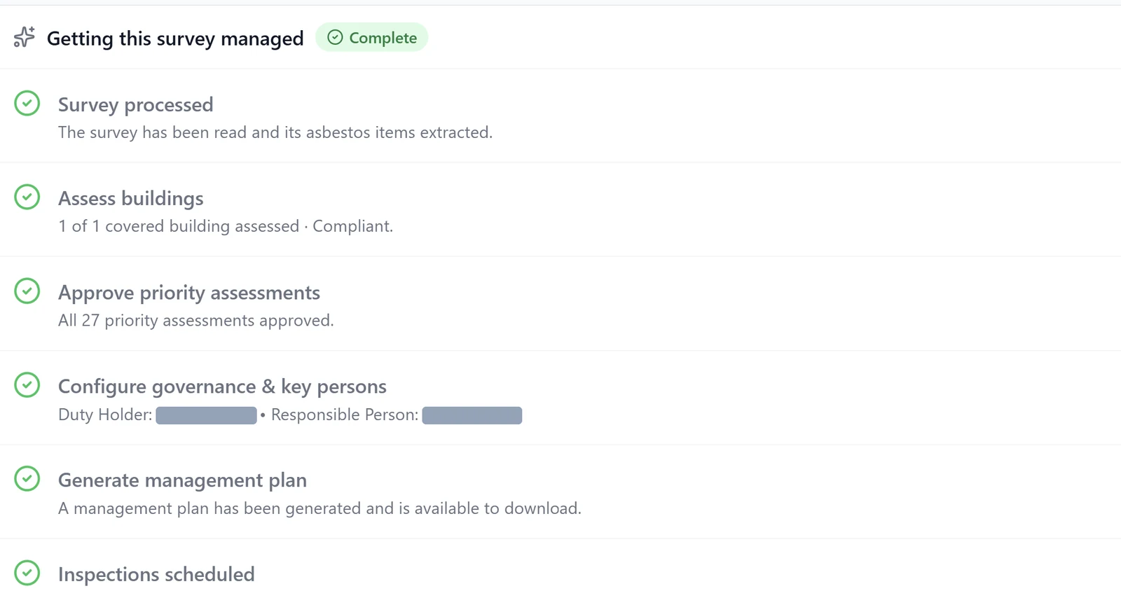 EduComply checklist titled Getting this survey managed, showing six completed steps: survey processed, assess buildings, approve priority assessments, configure governance and key persons, generate management plan, inspections scheduled